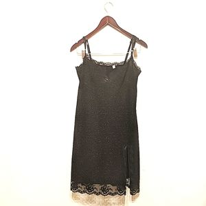 Sparkly lace trim black slip dress